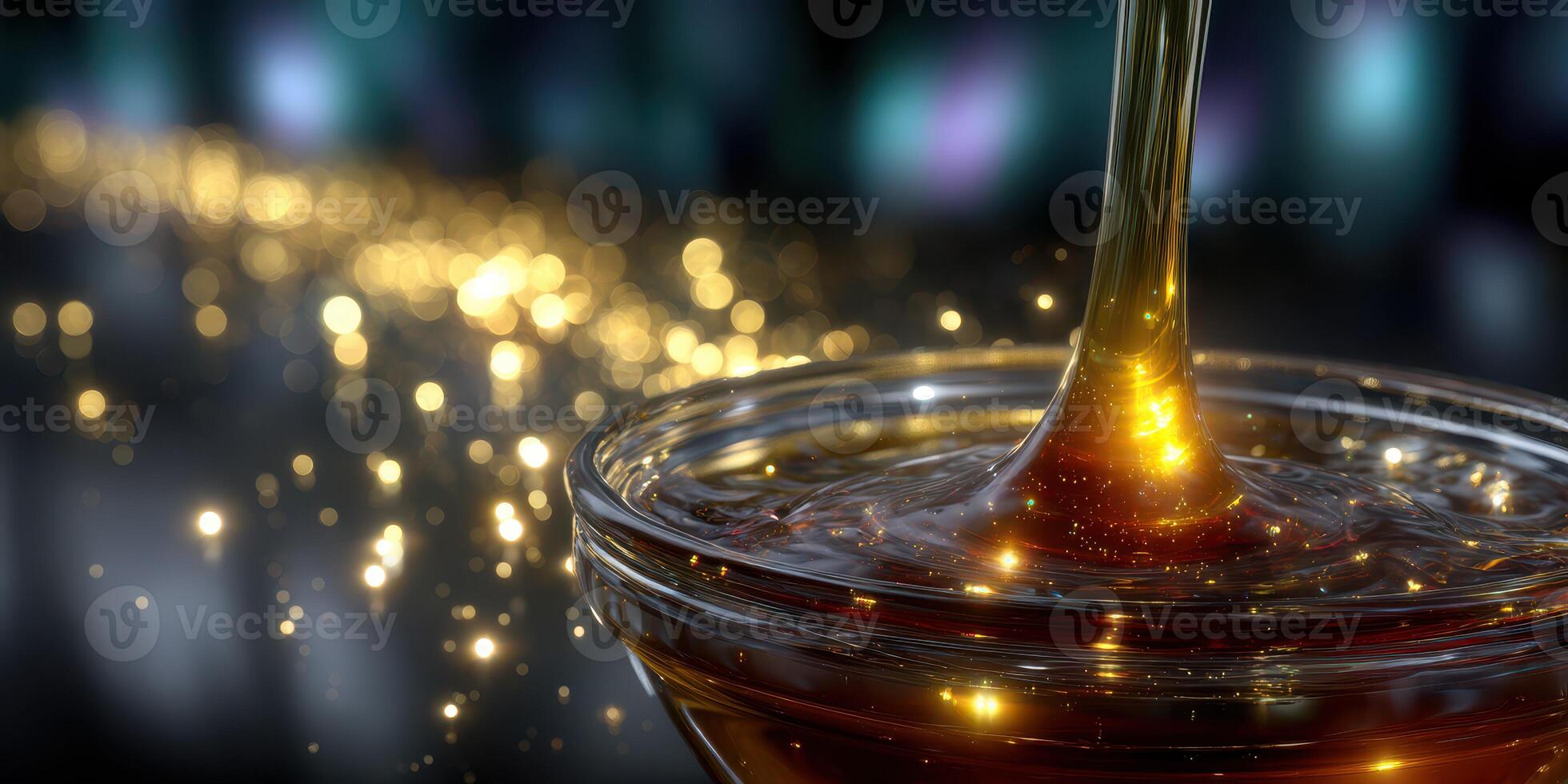Golden liquid flows into a bowl, creating a sparkling trail on a dark background photo