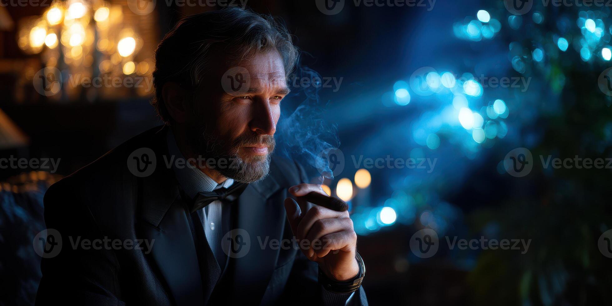 Man in formal attire contemplatively smoking a cigar in a dimly lit room with glowing background lights photo