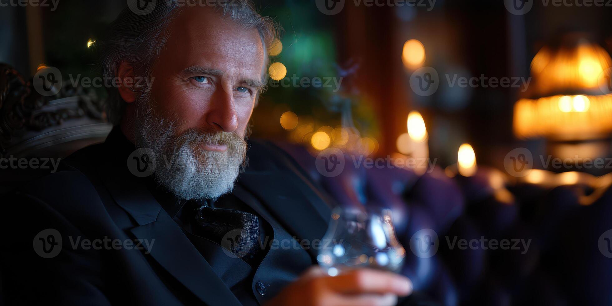 Sophisticated man in formal attire holding a drink in a cozy, dimly lit lounge during the evening photo