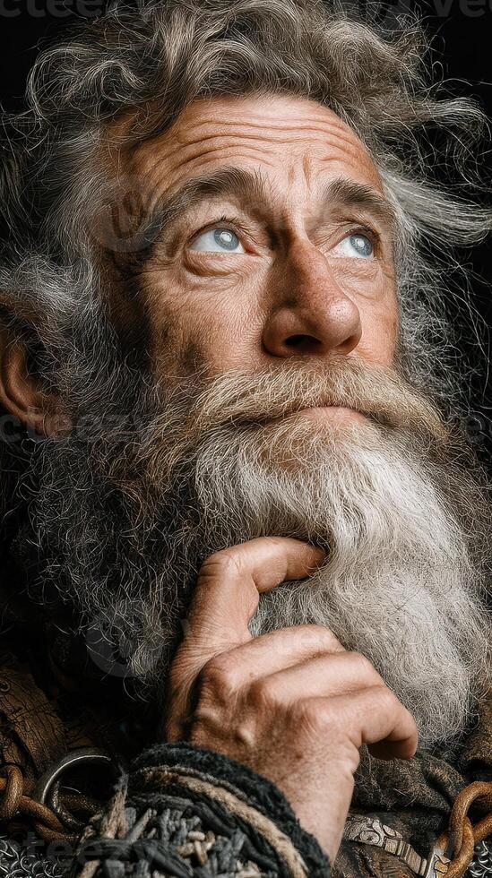 Elderly man with a long beard thoughtfully gazing upwards in a dramatic portrait against a dark background photo