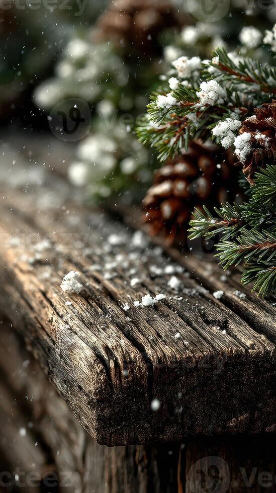Winter nature setting showcasing wooden surface with pine branches and pine cones adorned with fresh snowflakes photo
