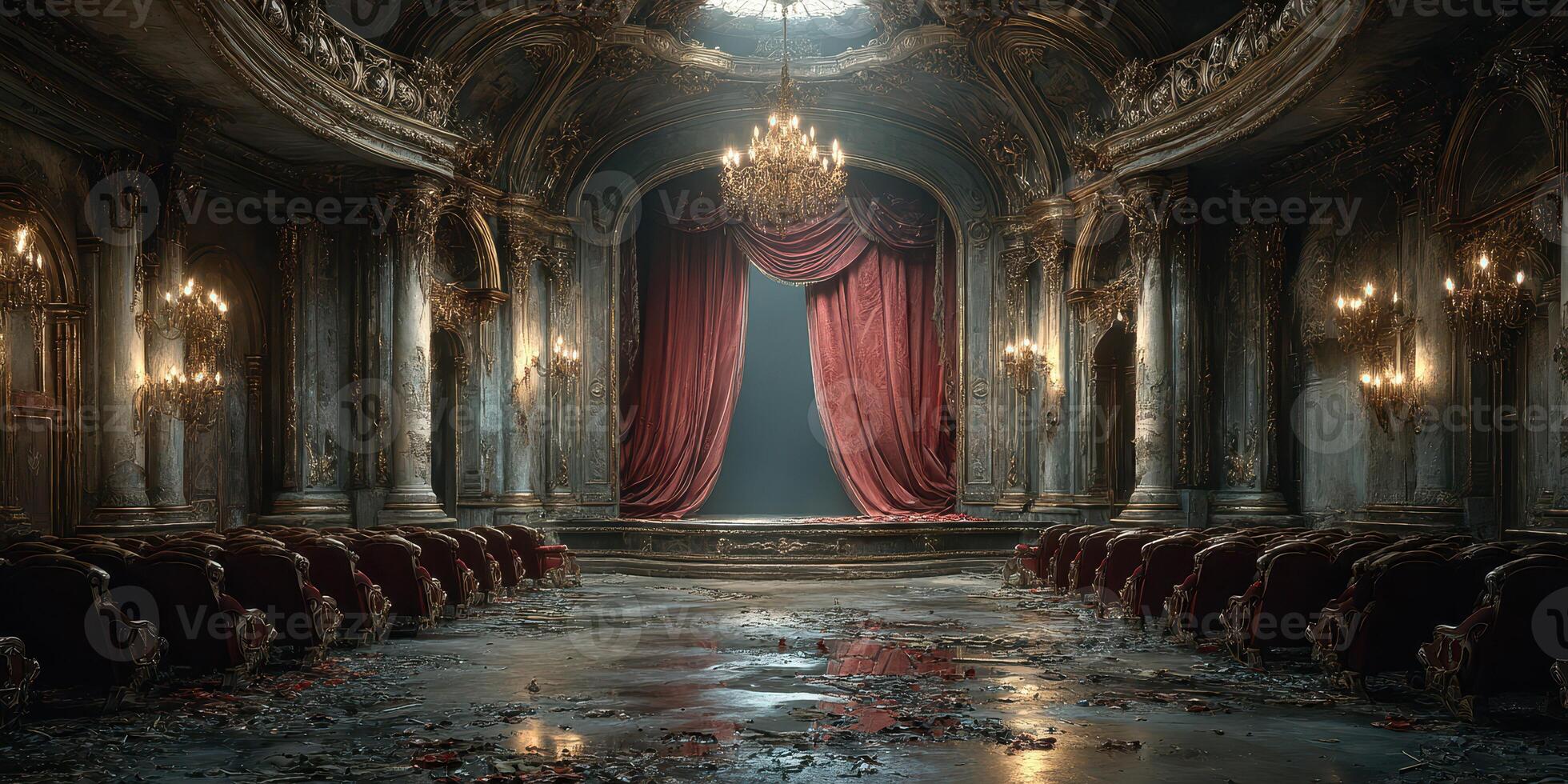 Elegant abandoned theater showcasing luxurious architecture and a grand stage with red curtains under dim lighting photo