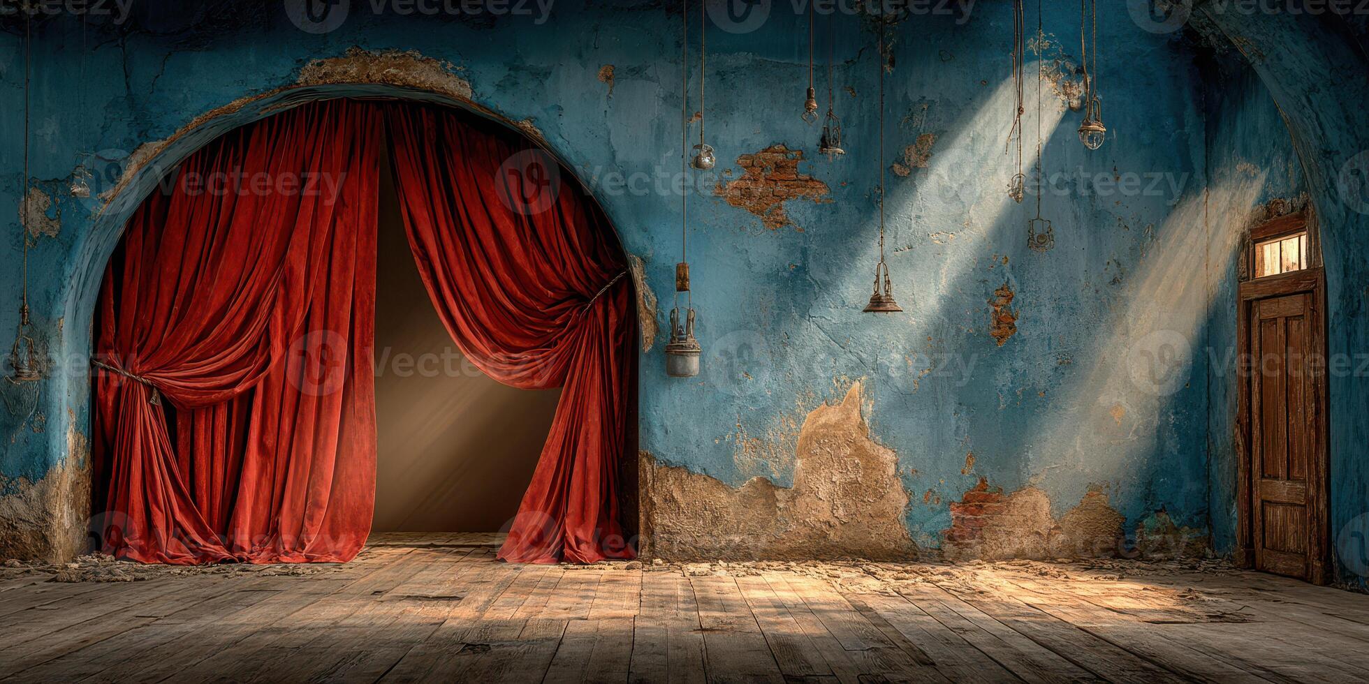 Rustic interior of an old theater with dramatic red curtains and textured blue walls illuminated by soft sunlight photo