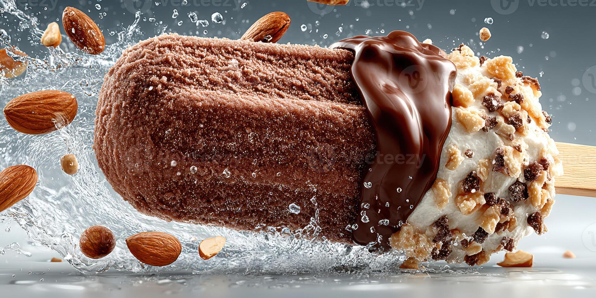 Melting chocolate almond ice cream bar splashes through water in a dynamic food shot photo