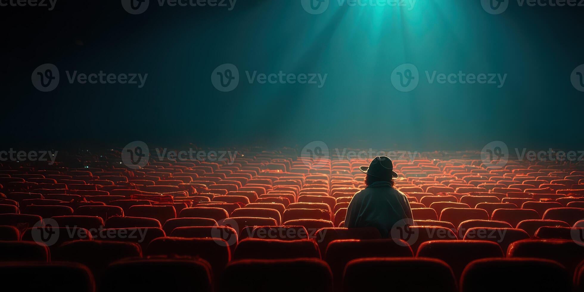 Person sitting alone in empty cinema hall during quiet evening screening photo