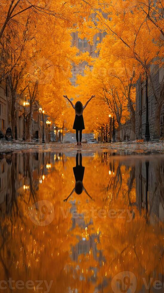 Girl embraces autumn colors in a charming alley filled with golden trees and reflections photo