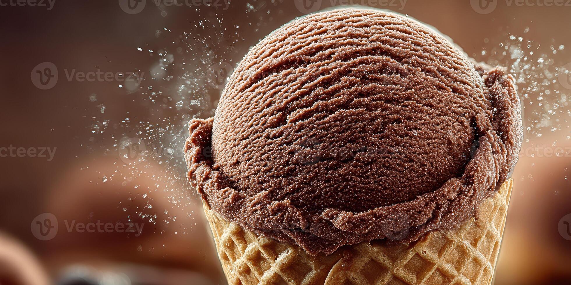 Delicious chocolate ice cream scoop in a waffle cone ready to be enjoyed on a warm summer day photo