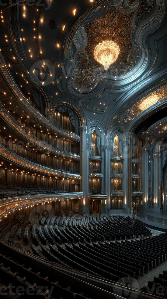 Elegant interior of a grand theater showcasing ornate architecture and lighting during a performance night photo