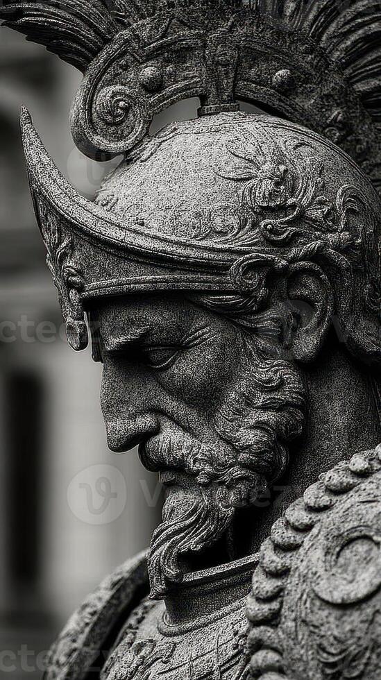 Detailed close-up of a majestic warrior statue showcasing intricate craftsmanship and historical significance in a public square photo