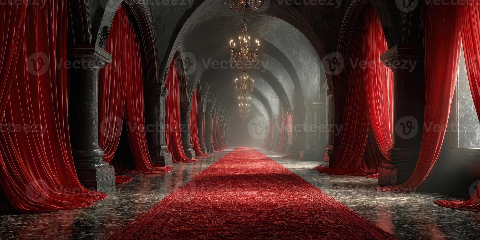 Elegant corridor with red curtains and chandeliers in a dimly lit venue during nighttime photo