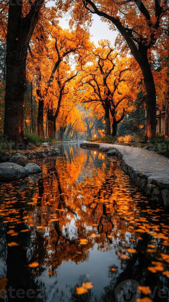 Beautiful autumn view of trees with golden leaves reflecting in a tranquil water body at dusk photo
