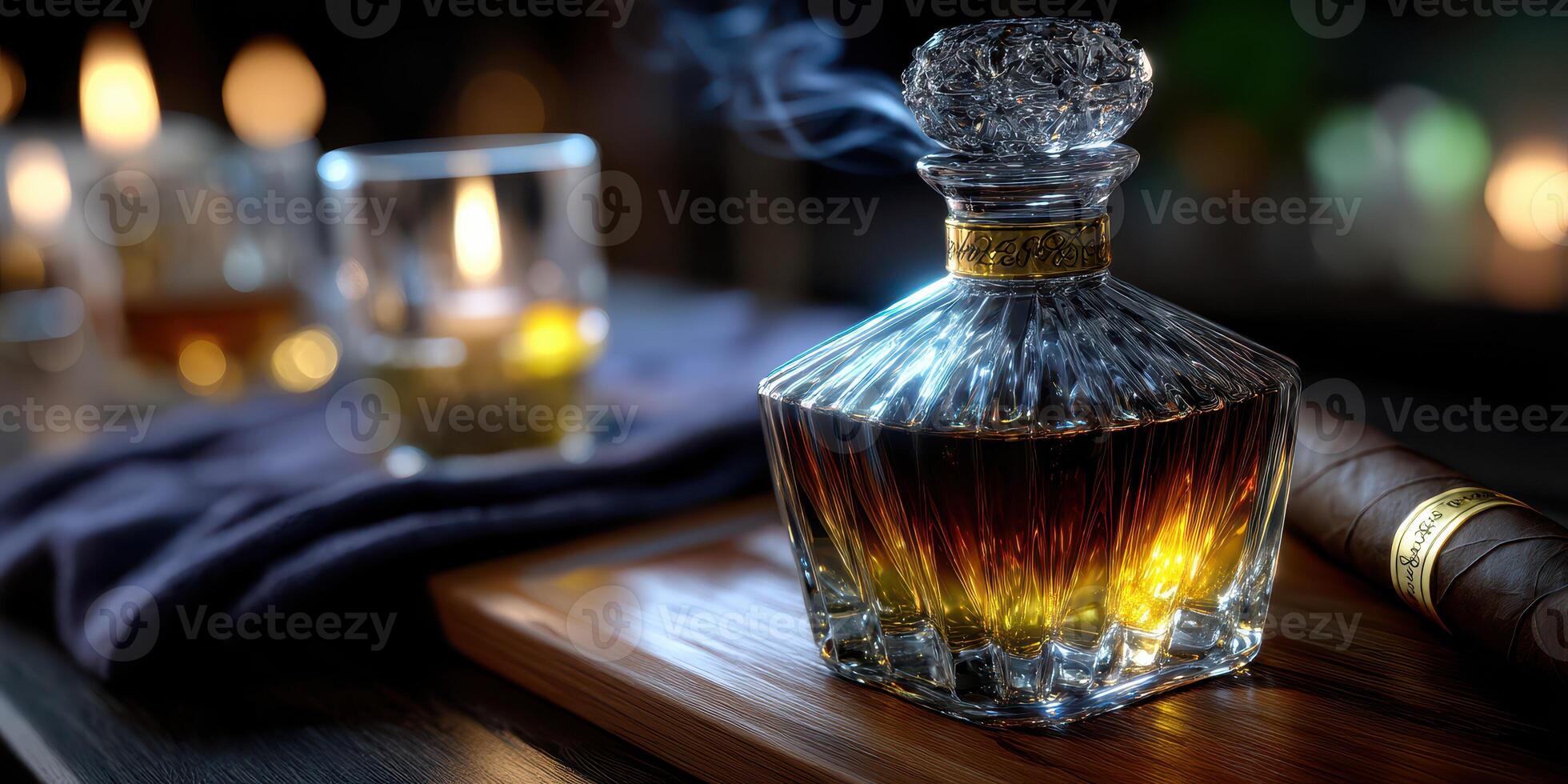 Elegant whiskey decanter and glass set on a wooden board with cigars and soft lighting in a cozy bar atmosphere photo