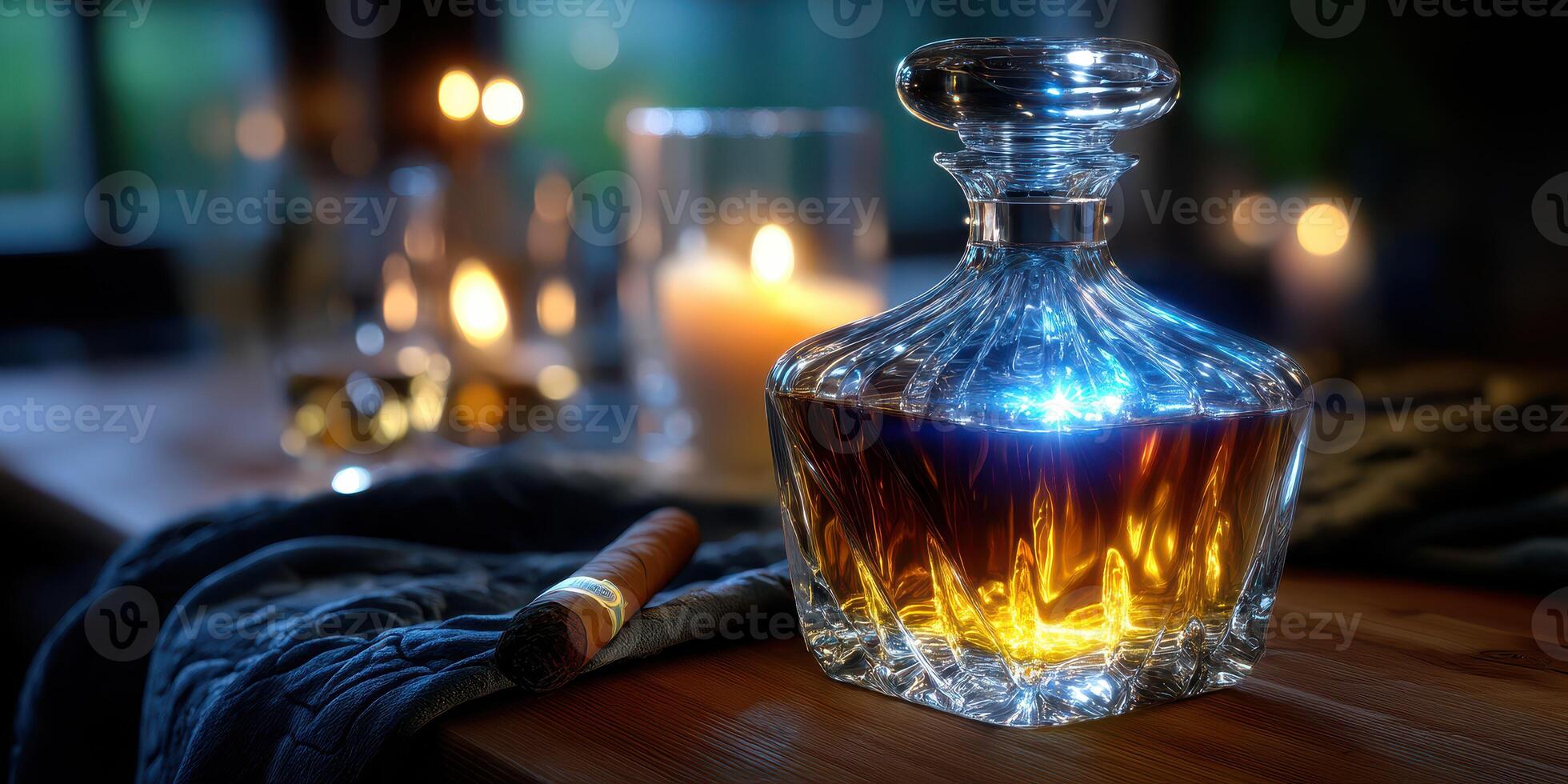 Luxurious whiskey decanter surrounded by candles and a cigar in an inviting dimly lit setting photo