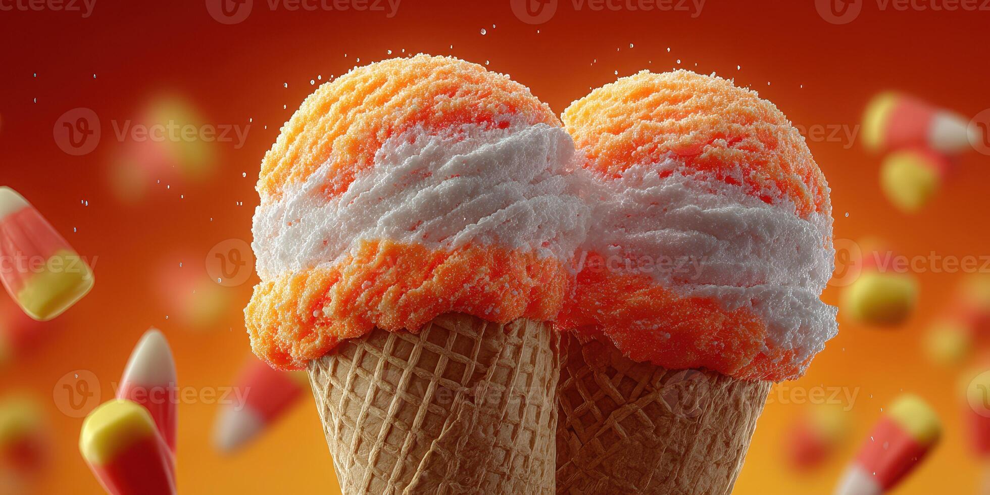 Delicious orange and white ice cream scoops with candy corn surrounded by vibrant colors in autumn celebration photo