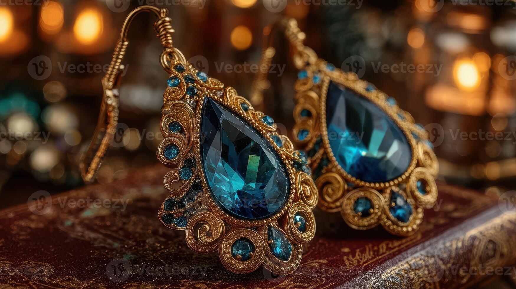 Elegant blue gemstone earrings displayed on a textured surface with warm lighting highlighting intricate designs photo