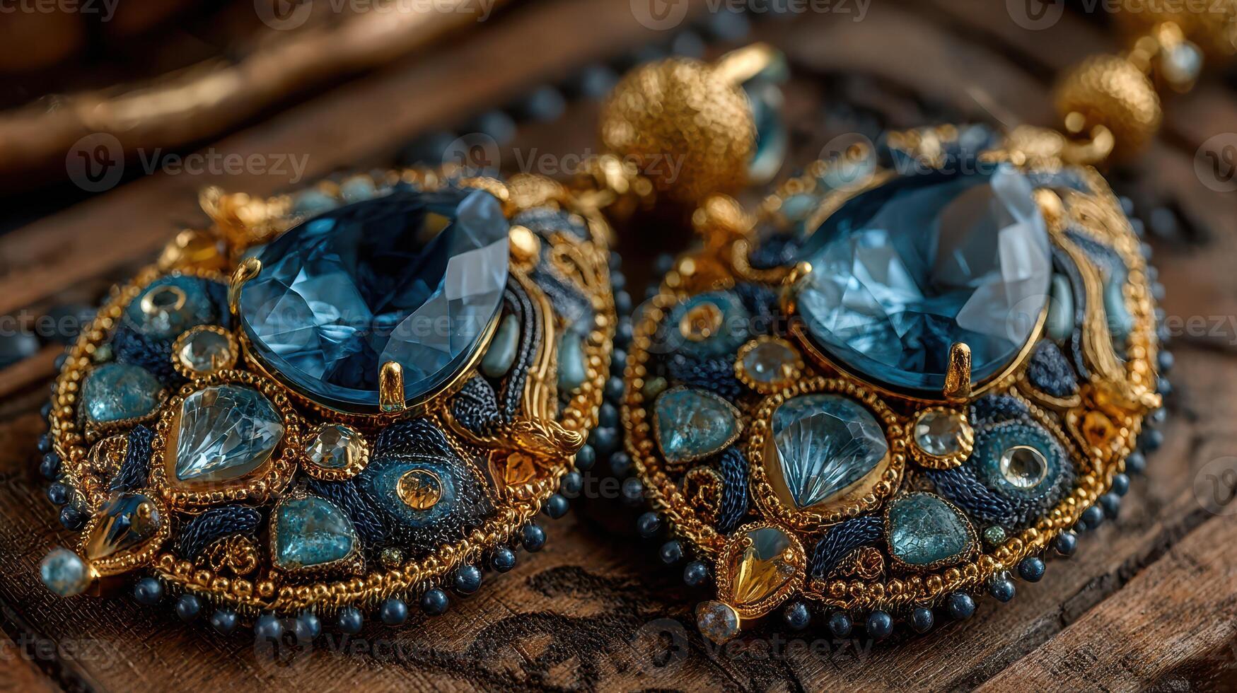 Stunning blue and gold earrings handmade with intricate detailing displayed on a rustic wooden surface photo