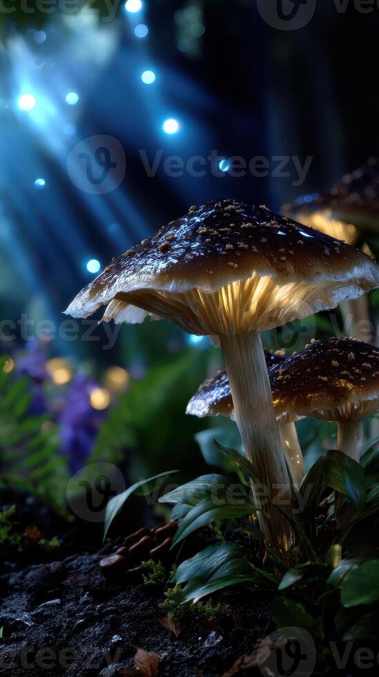 Mushrooms illuminated by soft rays of light in a mystical forest at twilight photo