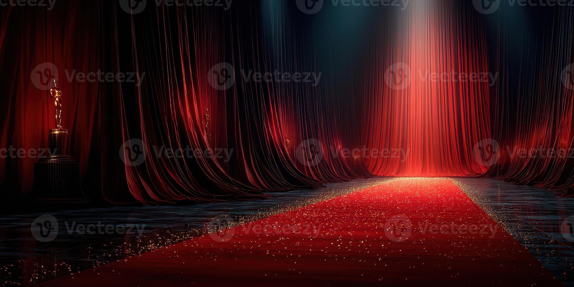 Red carpet setup with dramatic lighting and curtains for a prestigious awards ceremony in an elegant venue photo