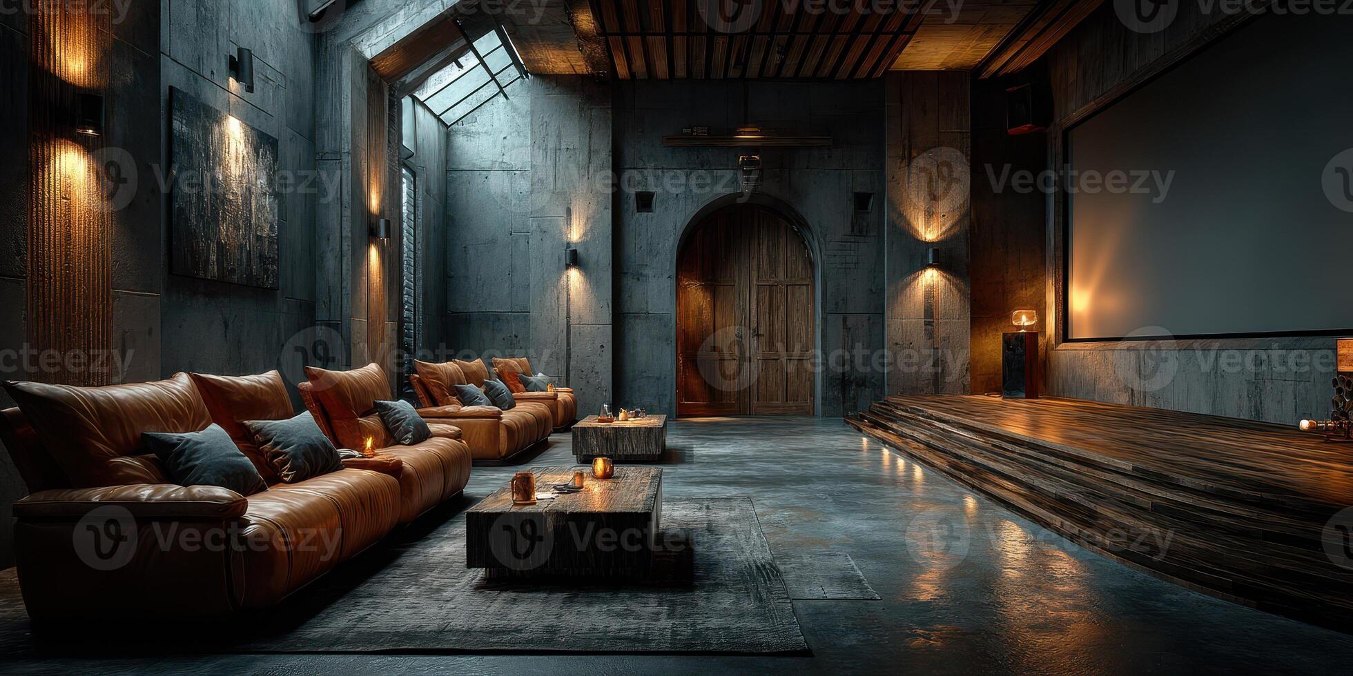 Modern industrial living room with cozy seating and ambient lighting in a renovated space photo