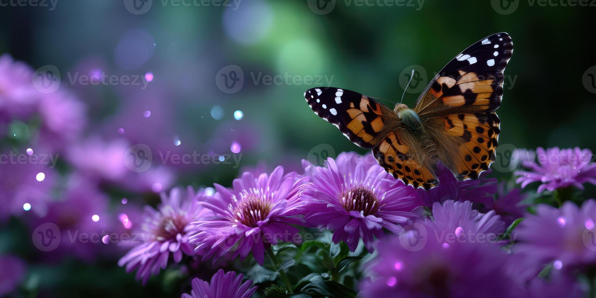 Colorful butterfly resting on vibrant purple flowers in a lush garden during bright daylight hours photo