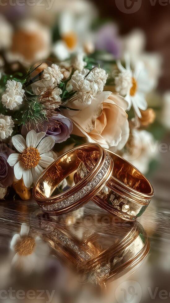 Wedding rings resting beside a beautiful floral bouquet adorned with delicate blooms and greenery photo