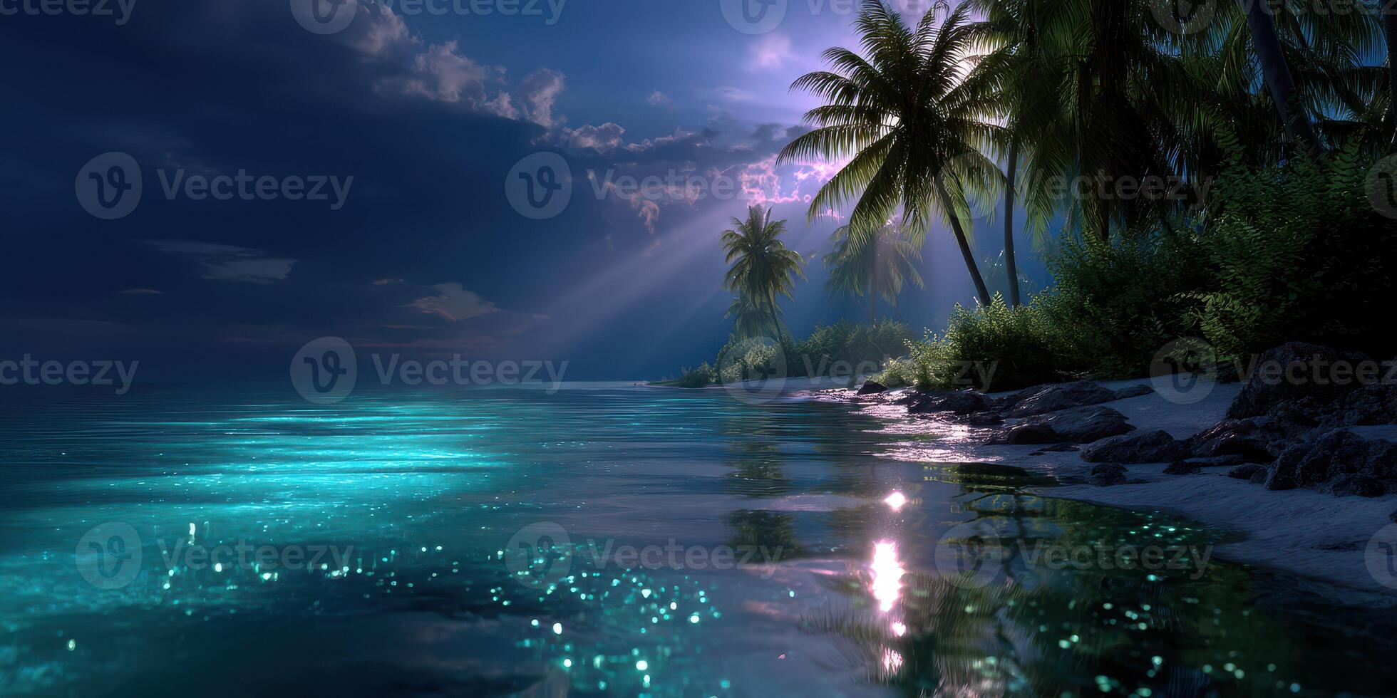 Calm tropical waters reflect moonlight under a starry sky with swaying palm trees and gentle waves in the distance photo
