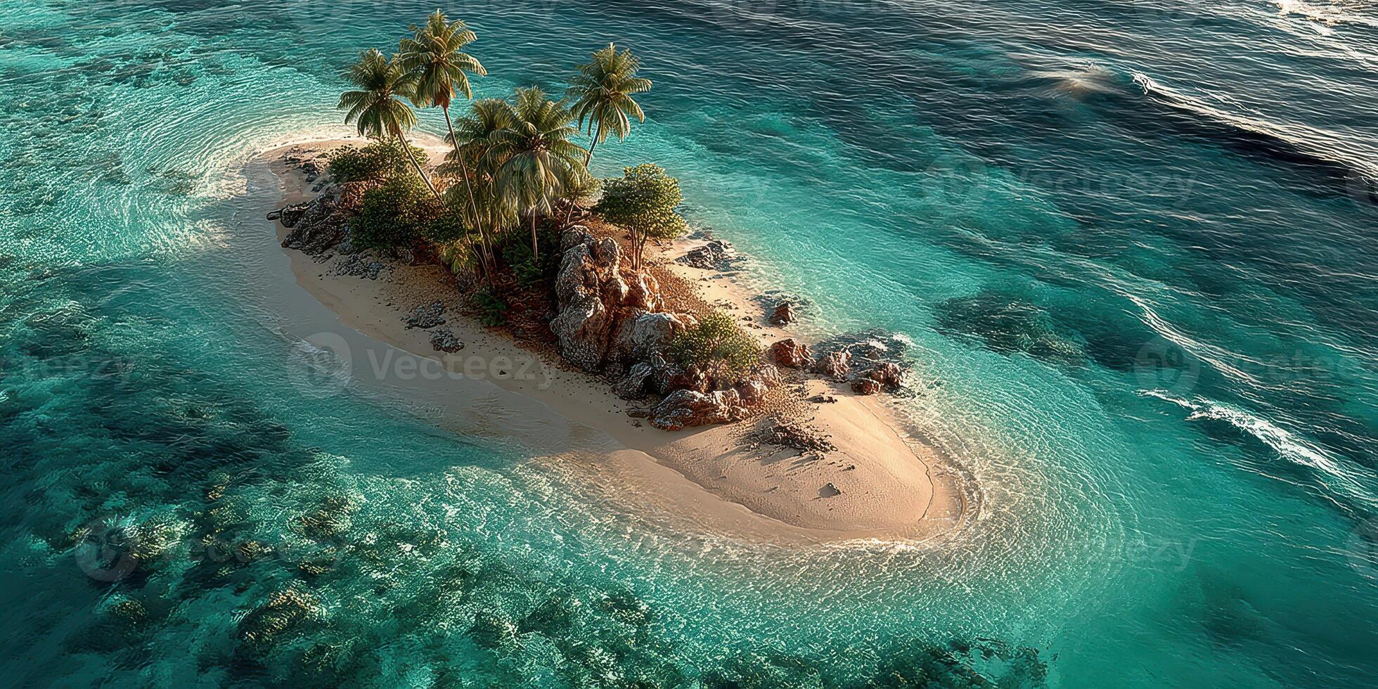 Beautiful secluded tropical island surrounded by crystal clear waters and vibrant reefs in the afternoon sun photo