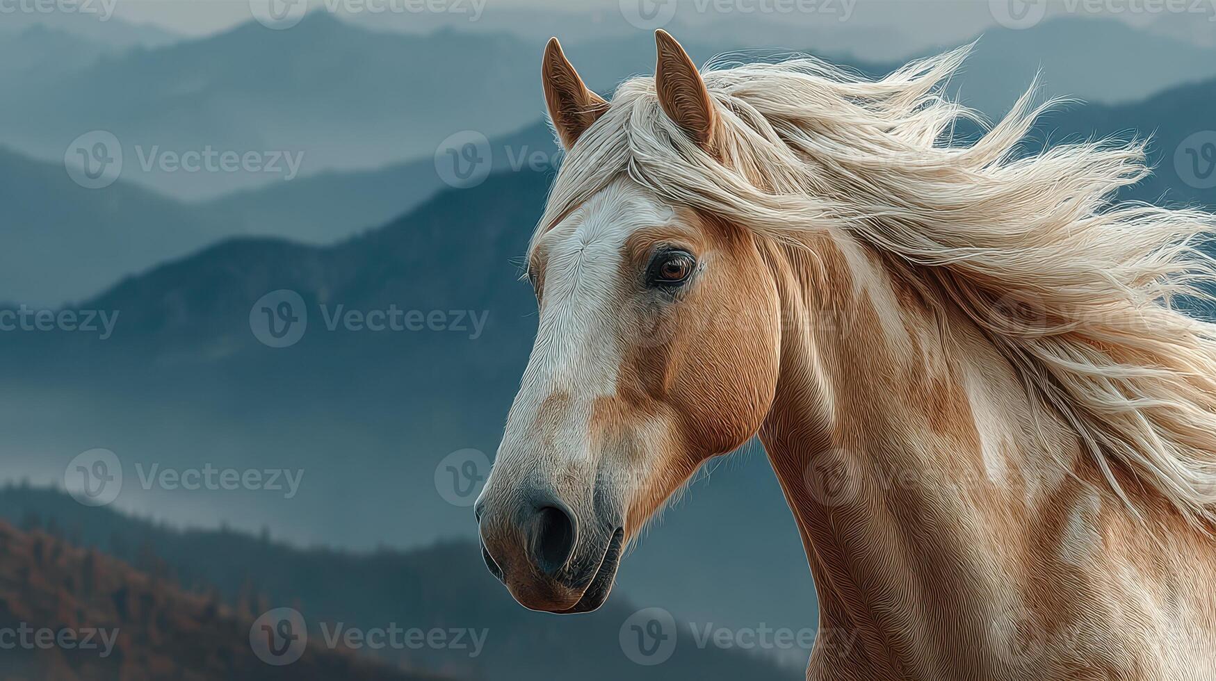 Majestic horse with flowing mane against a misty mountain backdrop during the early morning light photo