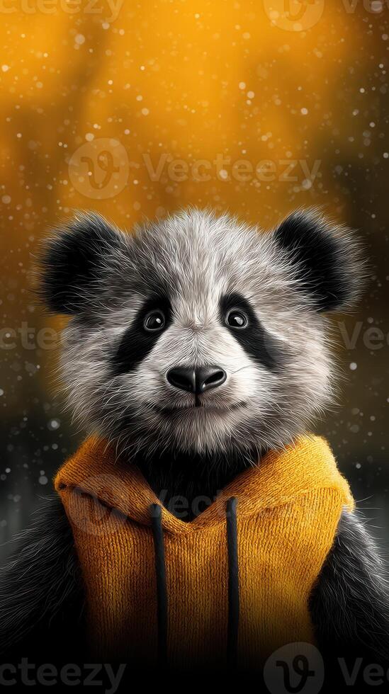 Cute panda wearing an orange hoodie smiles in a whimsical backdrop with a warm glow and falling snowflakes photo