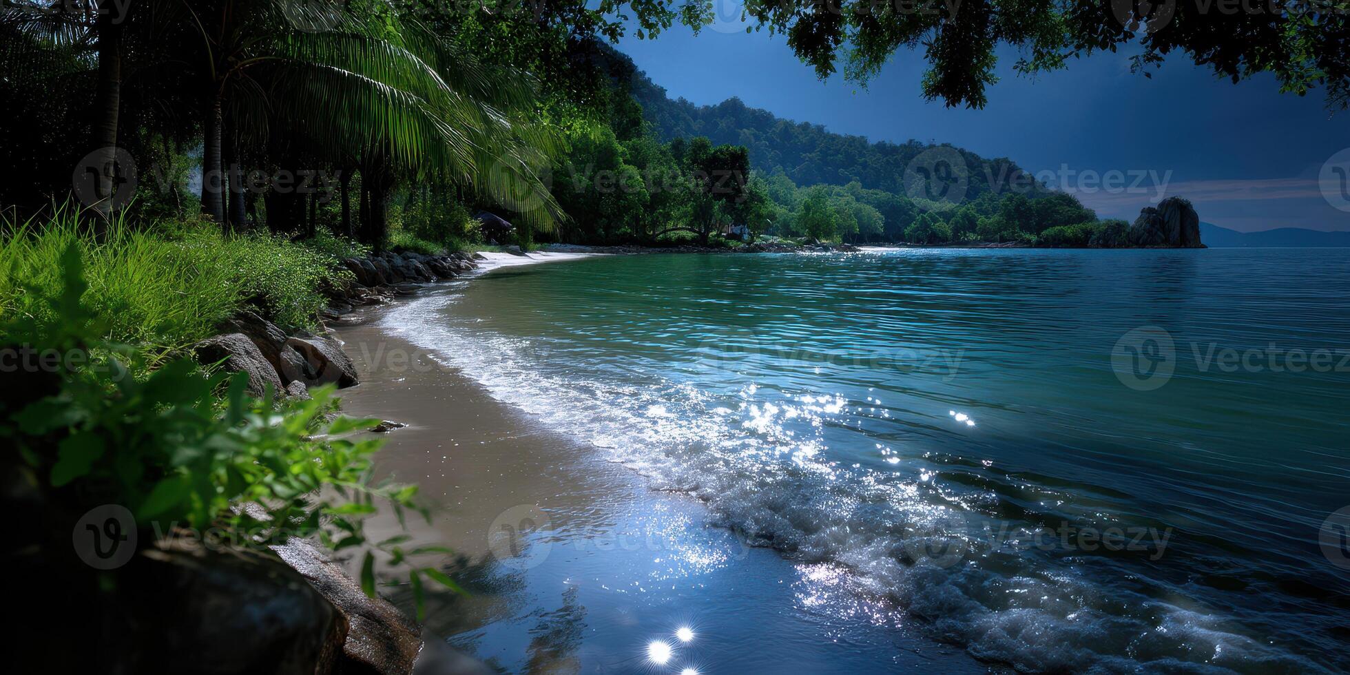 Tranquil beach setting under moonlight with calm water reflecting light photo