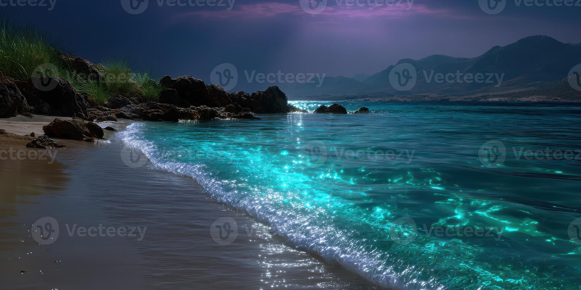 Serene shoreline with glowing turquoise waters under twilight sky photo