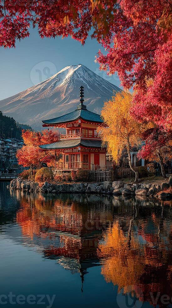 Vibrant autumn foliage reflects in calm waters with a traditional building near Mount Fuji at sunrise photo