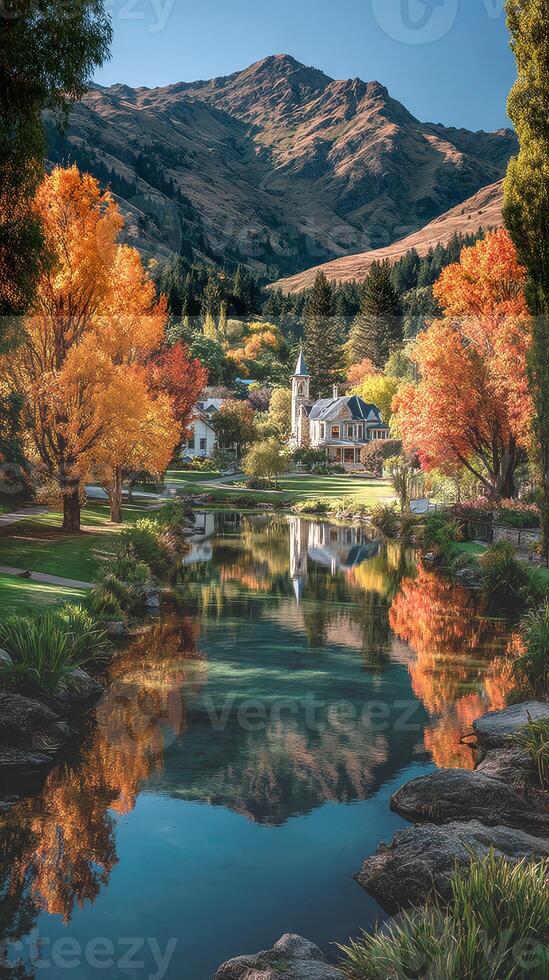 Autumn landscape with colorful trees reflecting in a peaceful lake near a charming house and mountains in the background photo