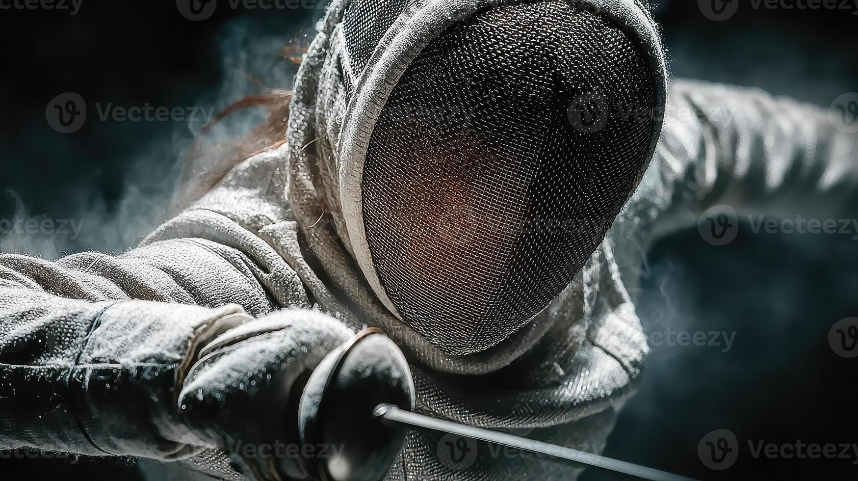 Fencing athlete performs a dramatic strike in a dimly lit gym during an intense training session photo