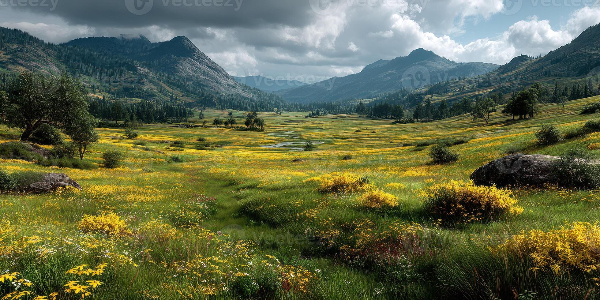 Beautiful valley covered in vibrant wildflowers under dramatic clouds during the day photo