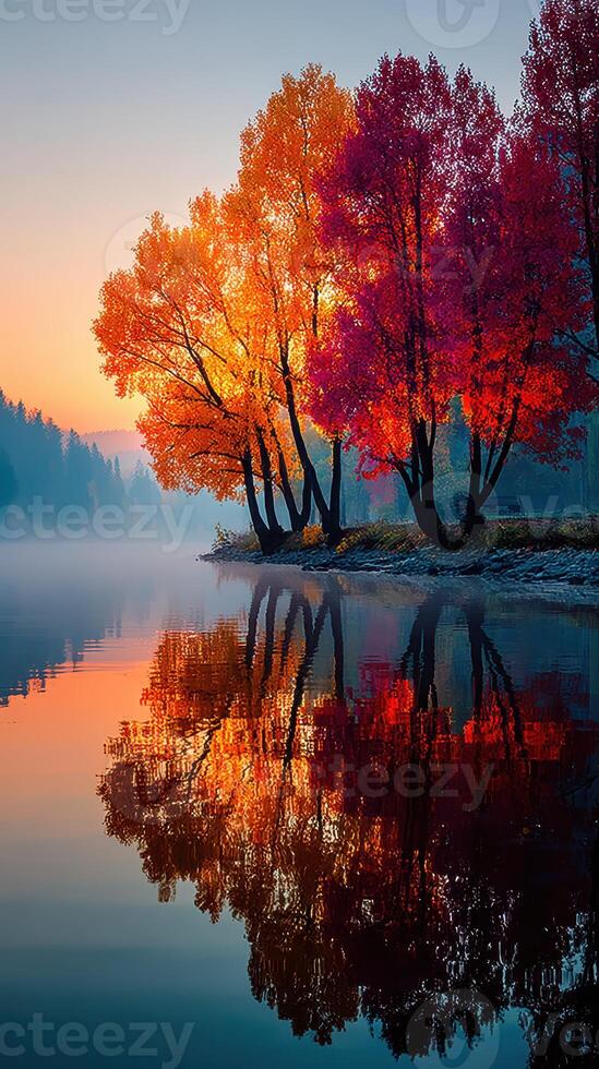 Autumn trees reflect brightly on calm lake at dawn with fog in serene natural setting photo