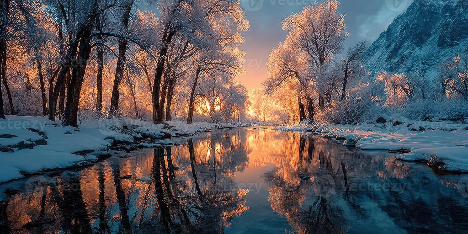 Stunning winter sunrise reflecting on a frozen river surrounded by snowy trees in a serene landscape photo