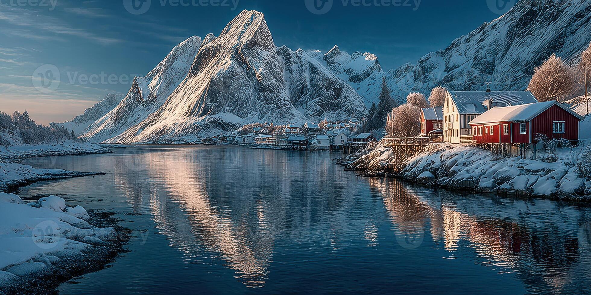 Snow-covered mountains and reflections in calm water near a small village in winter setting photo