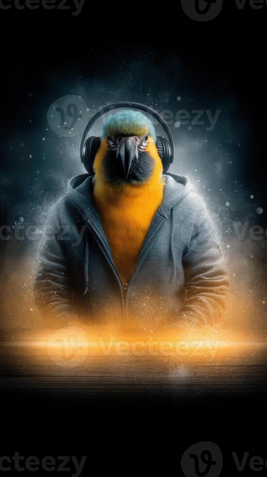 Colorful parrot wearing headphones and a hoodie engages in music at a digital workspace photo