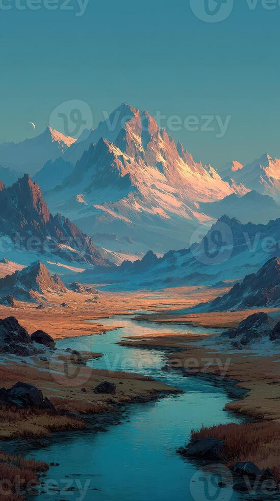 Majestic mountain landscape at sunrise with a winding river and rocky terrain photo