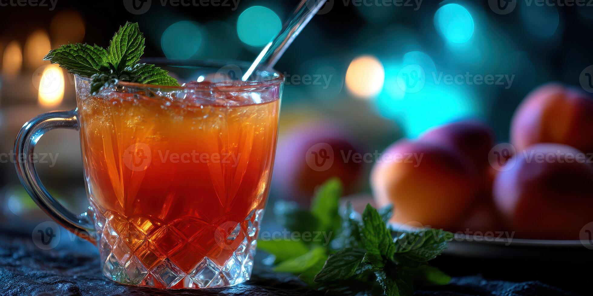Refreshing iced tea served in a glass with fresh mint and peaches in a soft-lit setting during a summer evening gathering photo