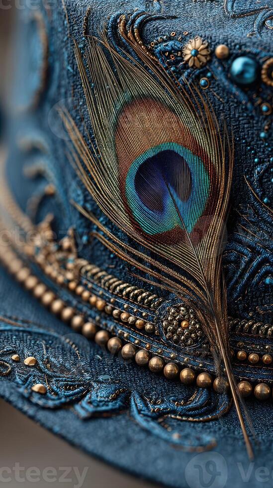 Intricate blue decorative hat with peacock feather and detailed embellishments displayed in soft lighting photo