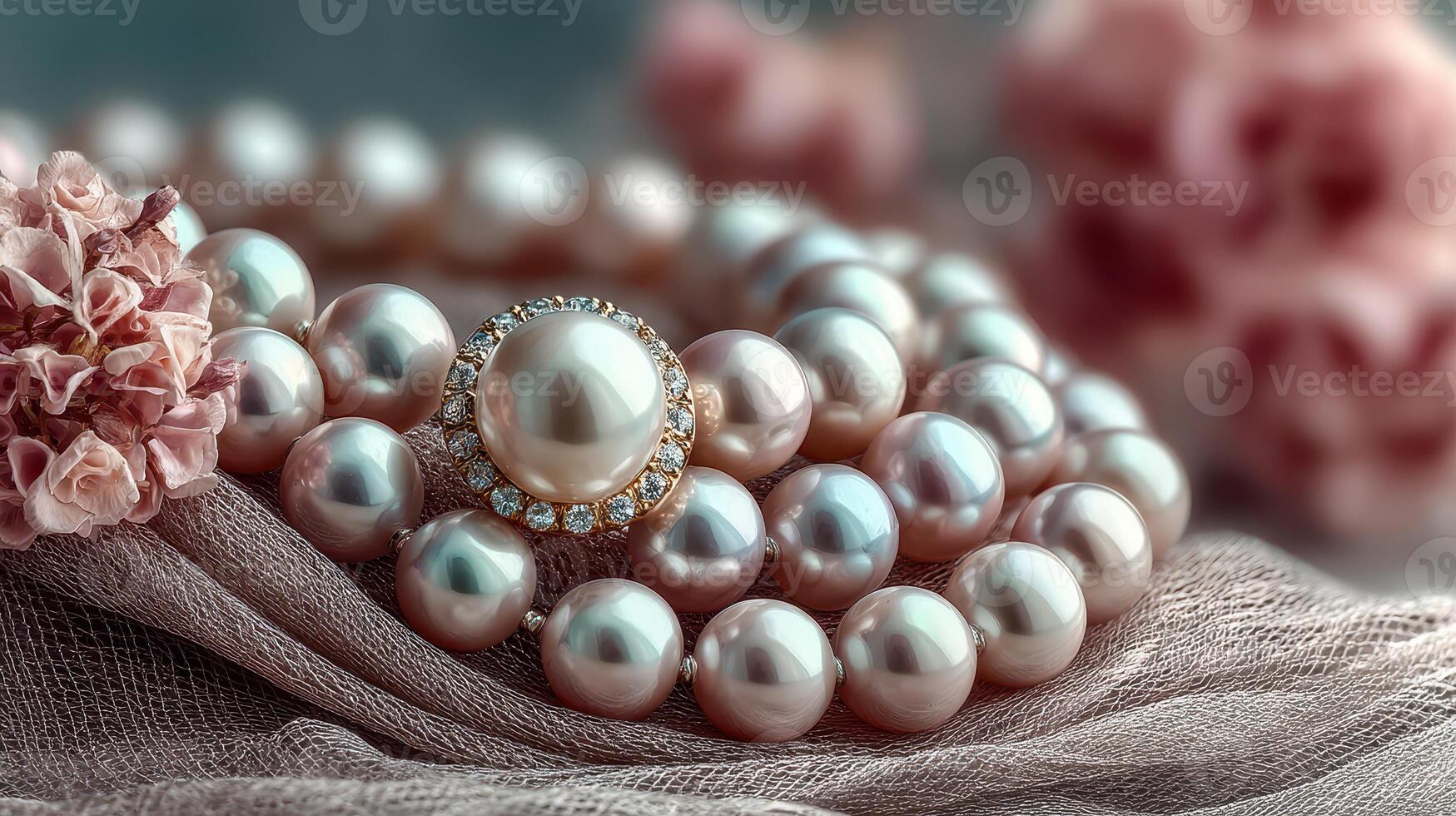 Elegant pearl necklace adorned with a sparkling centerpiece among flowers photo