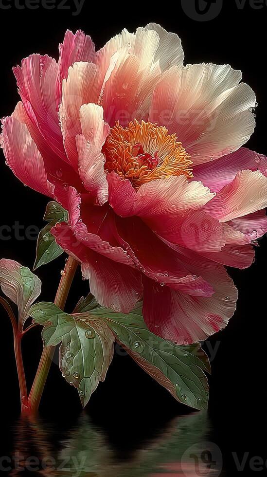 Peony flower with vibrant colors and raindrops, captured in a dark background during a serene moment of nature photo