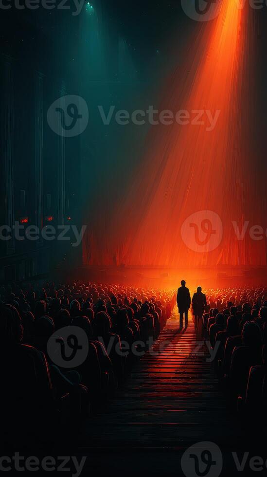 Dramatic theater performance with a spotlight and audience captivated by the unfolding drama in a dimly lit space photo