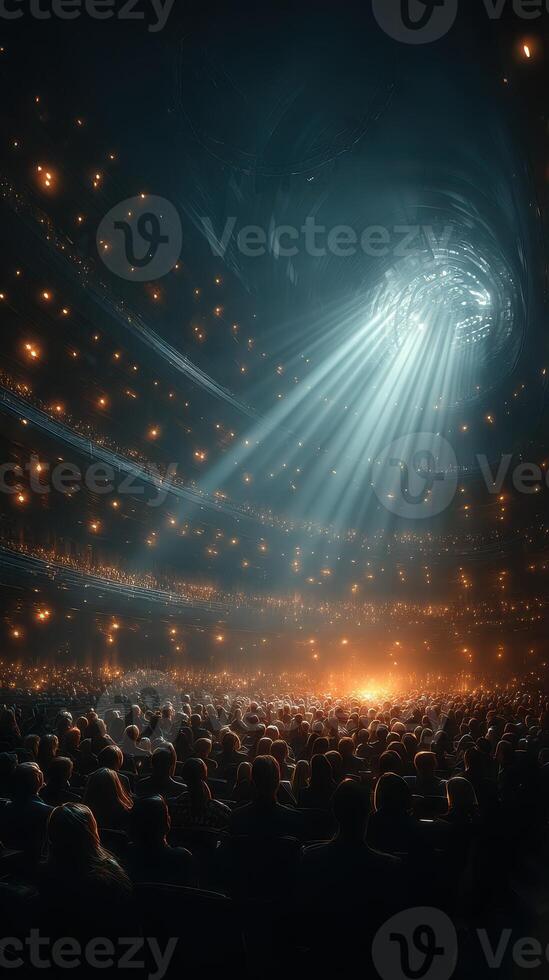 Bright rays shine down on a captivated audience in a grand theater during a magical performance at night photo