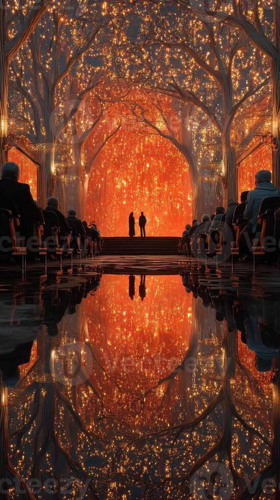 Elegant gathering in a magical venue with luminous decorations during a cultural event in the evening photo