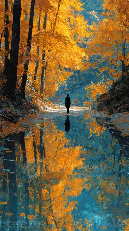 Serene solitary walk along a reflective riverbank in vibrant autumn foliage under clear blue skies photo