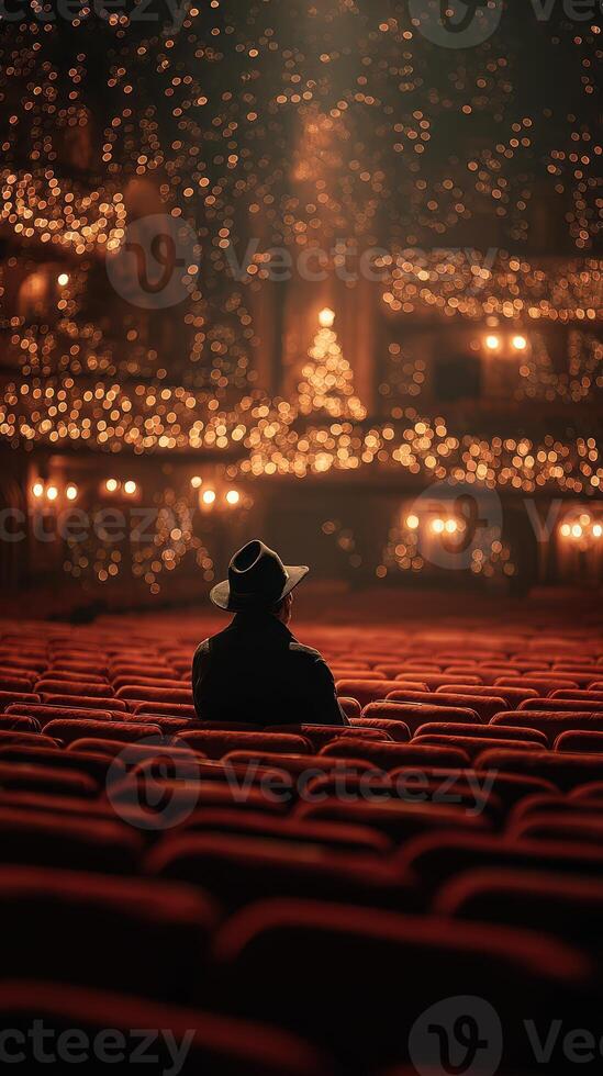 Audience member enjoys a show in a beautifully lit theater during the holiday season with festive decorations and warm lights photo