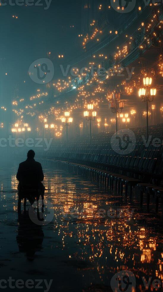 Mysterious figure sitting alone in an empty plaza illuminated by glowing street lamps at night photo